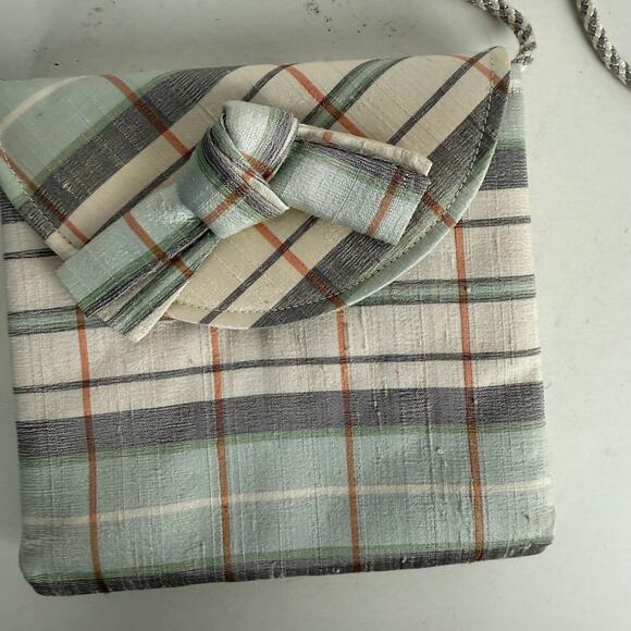 Sonia Benson Satin Plaid Bow Handbag White Blue Rope Strap Spring Preppy - Picture 9 of 9